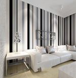 ChromaWeave peel and stick wallpaper, removable black and white striped wall covering for damage-free rental decorating.