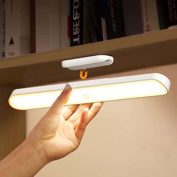 No-drill magnetic LED light bar attached to a bookshelf, deposit-safe temporary lighting for renters.