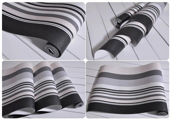 ChromaWeave peel and stick wallpaper, removable black and white striped wall covering for damage-free rental decorating.